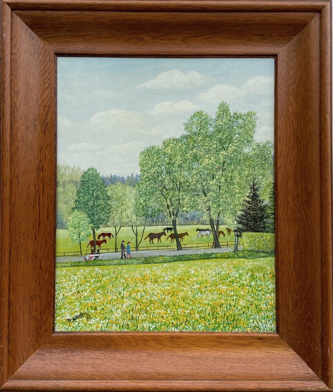 Naturalist Summer Landscape Horses In The Pasture Flower Meadow Strollers