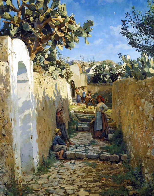 Oil painting Peder-Mork-Monsted-Anacapri cottage landscape children cactus art