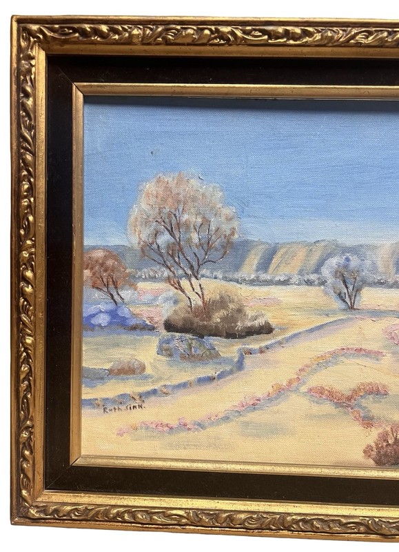 Vtg Blue Skies Mountain Landscape Signed Gold Gilt Velvet Framed Painting Signed gallery