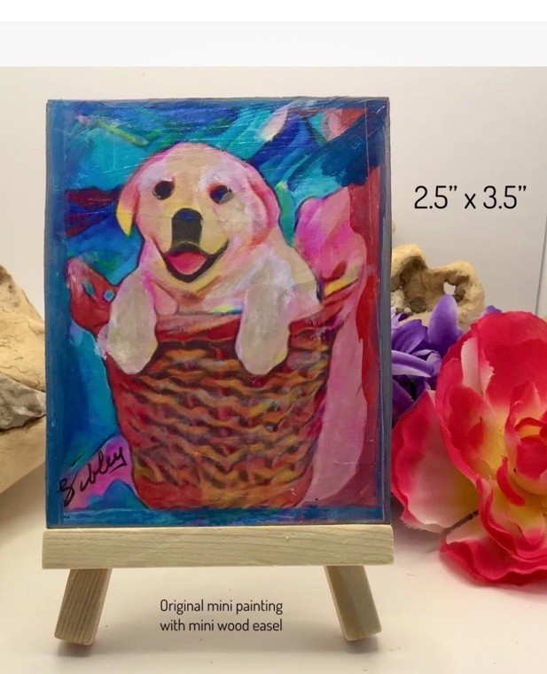 PUPPY IN BASKET Miniature Original Art 2.5×3.5” Signed WITH MINI WOOD EASEL