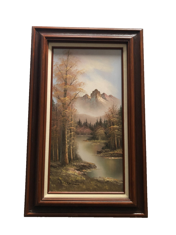 Vintage oil on canvas mountain stream forest scene signed antonio in MCM frame