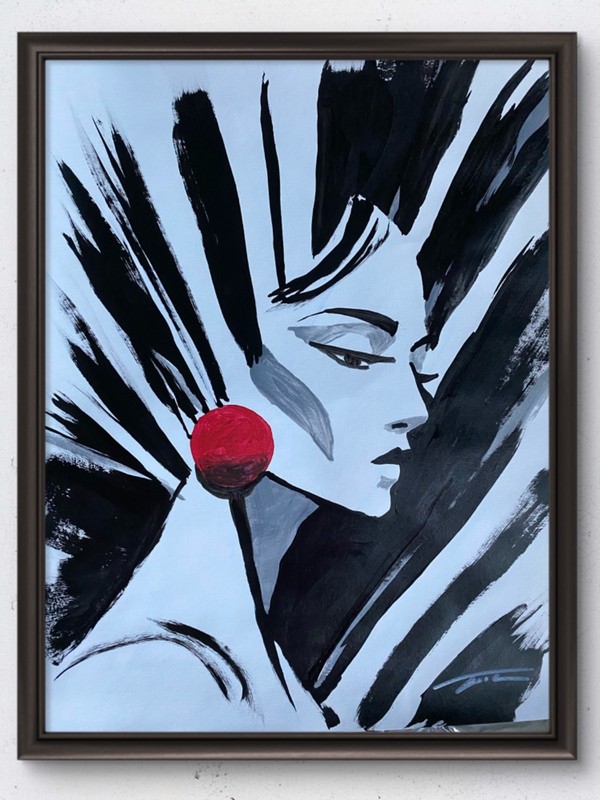 Black And White Woman WIth Red Earring Acrylic On Paper Signed Unframed 11”x14”