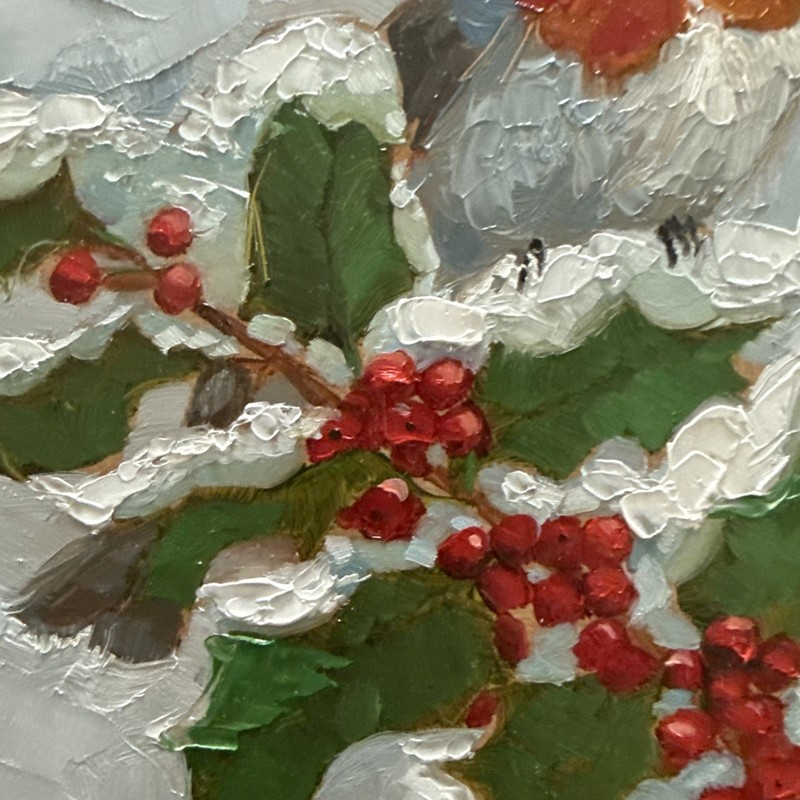 Robin Bird In Winter Impressionist Original Painting On Panel 6 X 6 IN gallery