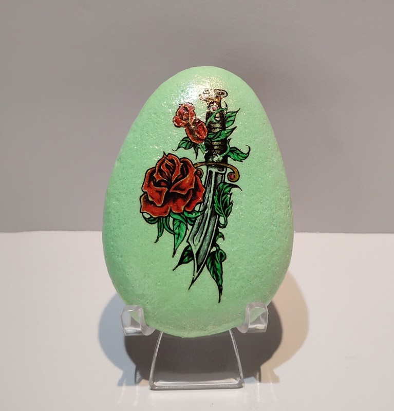 Handcrafted/Painted 'Sword & Roses' River Rock Acrylic Paint w/ Image Transfer
