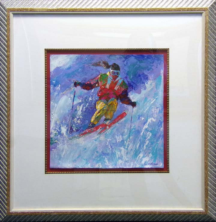 Lin Chong Skier Original Acrylic Painting on Paper w/Custom frame H.Signed