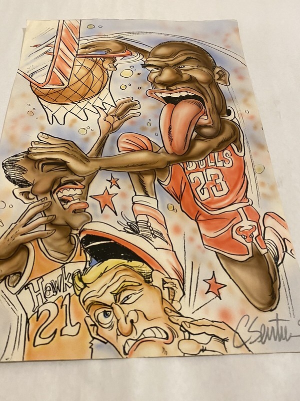 Vintage Micheal Jordan Chicago Bulls #23 Caricature Art Print Dunk Over Hawks