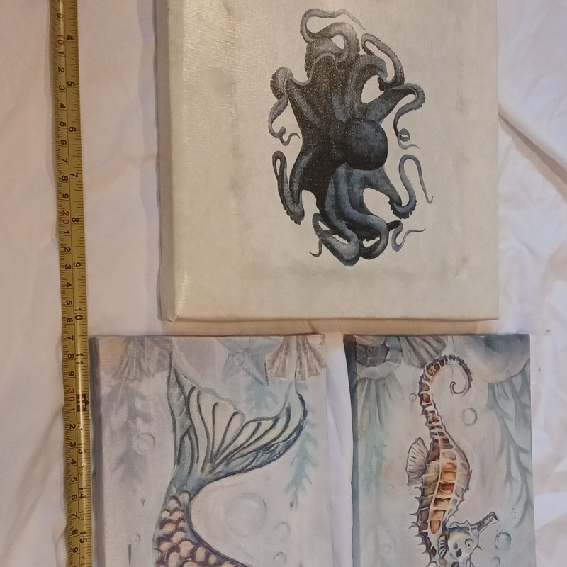 Set of 3 Marine Life Canvas Paintings – Octopus, Mermaid, Seahorse, Contemporary