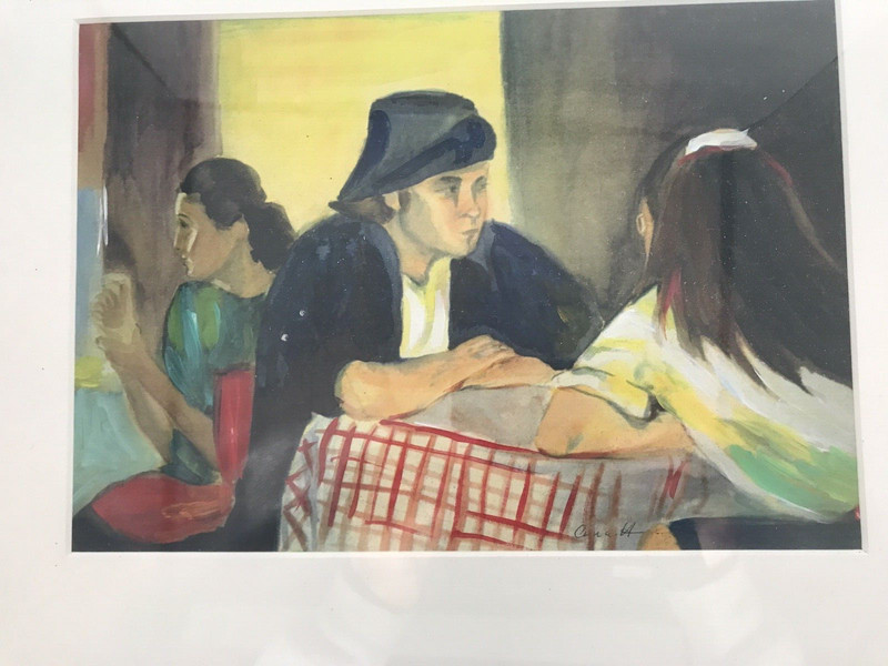 Vintage original signed matted and framed cafe scene watercolor gallery