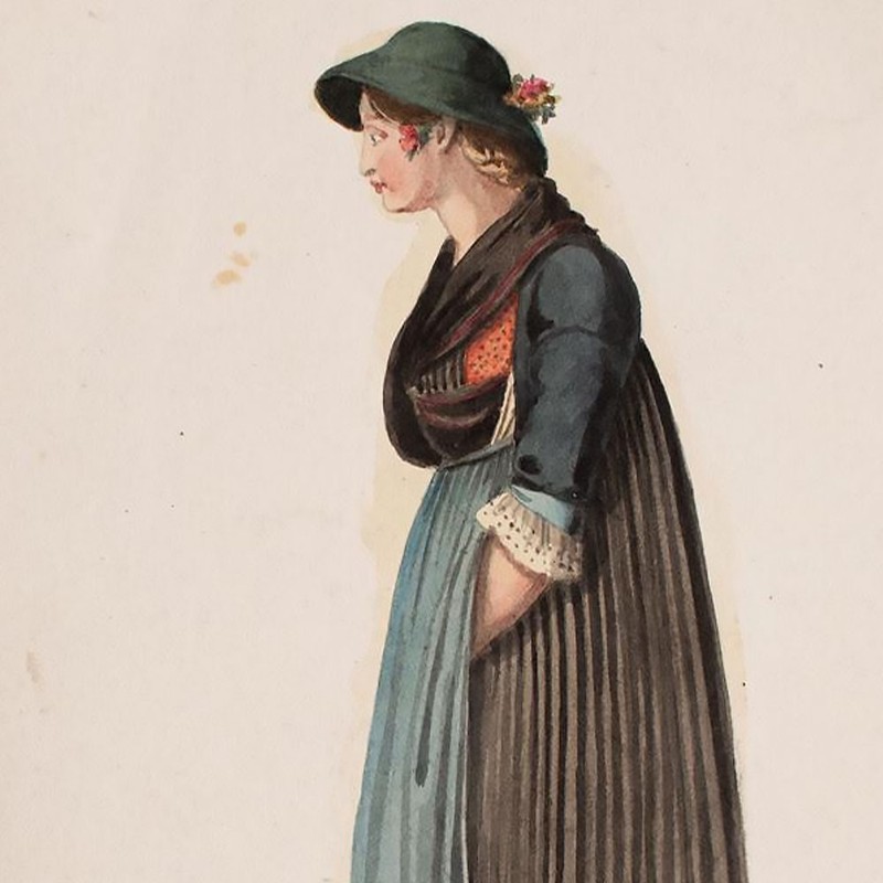 Woman Portrait Woman in Costume Fashion Hinterding Unknown Signed Watercolor 19th Century
