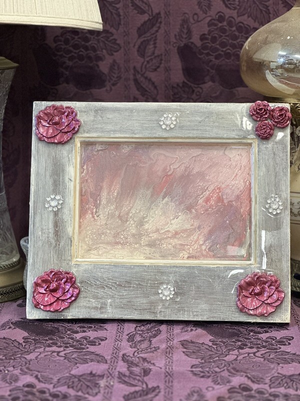 Repurposed Cabinet Door Hand Painted Sealed In Epoxy Pink White Rhinestone 16×12