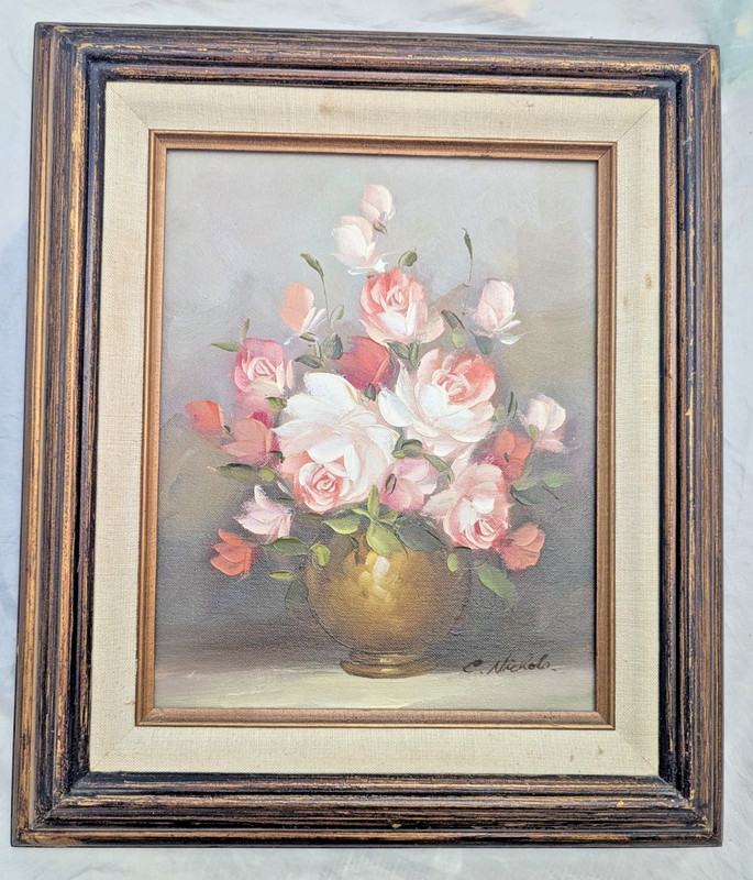 VTG C Nichols Oil Painting Floral Still Life Framed Art Signed Flowers Wall Deco