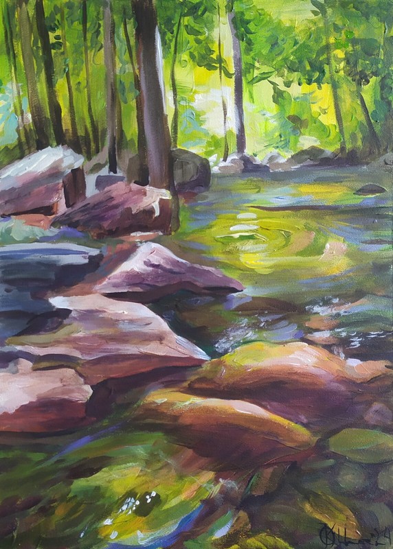acrylic painting on panel original handmade art landscape forest stream 14×10 in