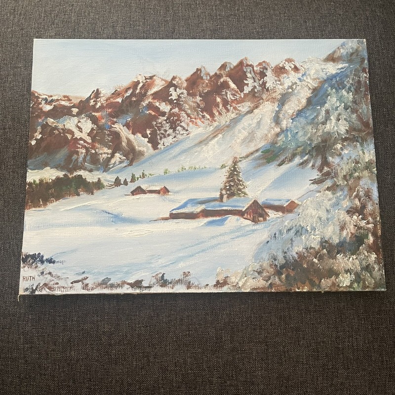 Oil Painting Original On Board Snow Village Town Mountain Landscape Signed Ruth