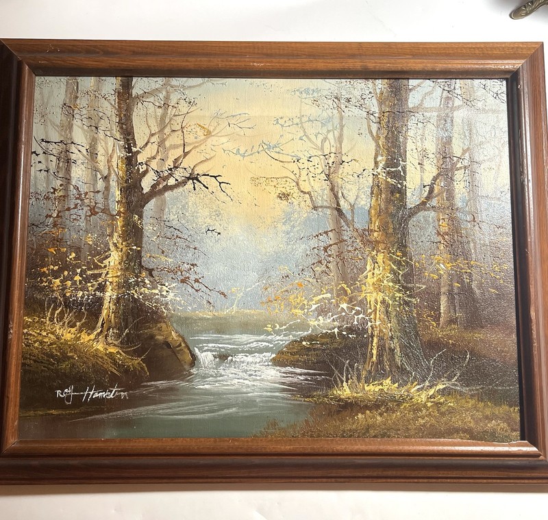 VTG Winter Woodland Landscape Oil Painting Framed By Roy Hamiton Size 18”x14.5”