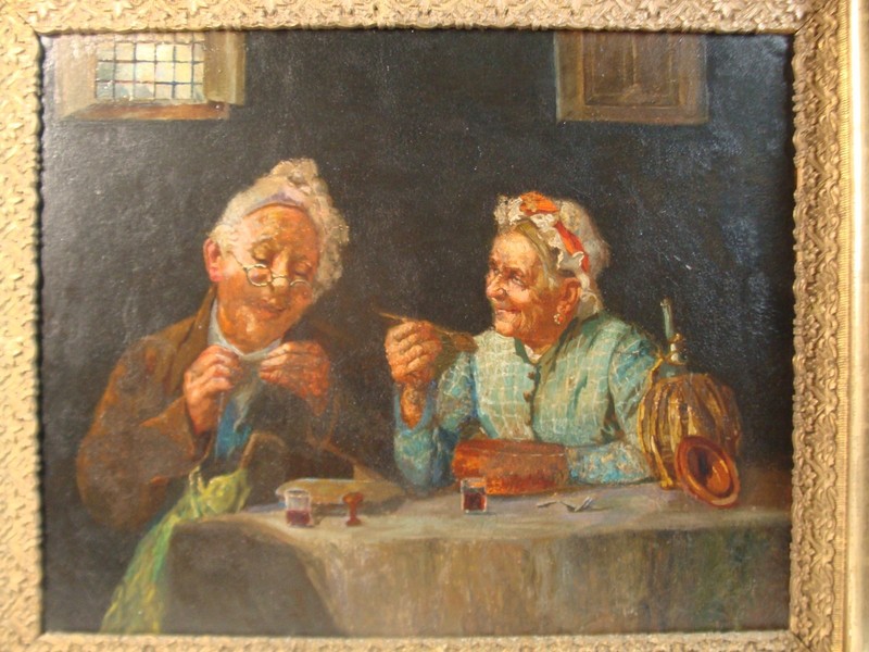 Antique 19C Couple at Table W/ Wine Interior O/B Painting gallery