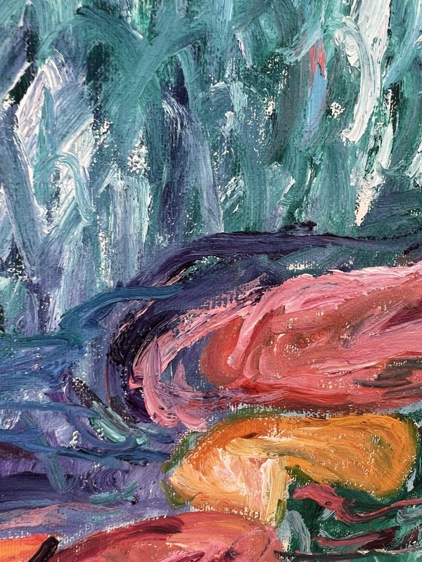 Vintage Impasto Impressionist Oil Painting Pink Water Lillies Signed 1987 24x28 gallery