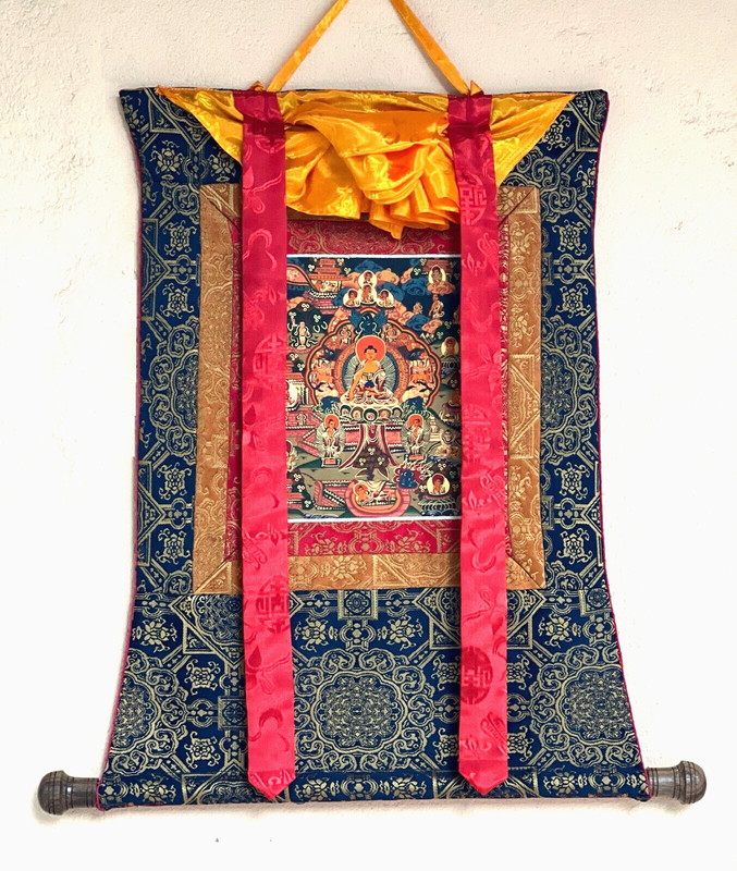 HAND PAINTED BUDHHA LIFE MANDALA TIBETAN THANGKA PAINTING WITH SILK BORDER
