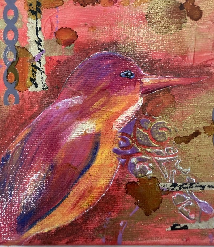 Original Signed Mixed Media Acrylic Bird Painting 8x10 “Red and Purple” 2015 gallery