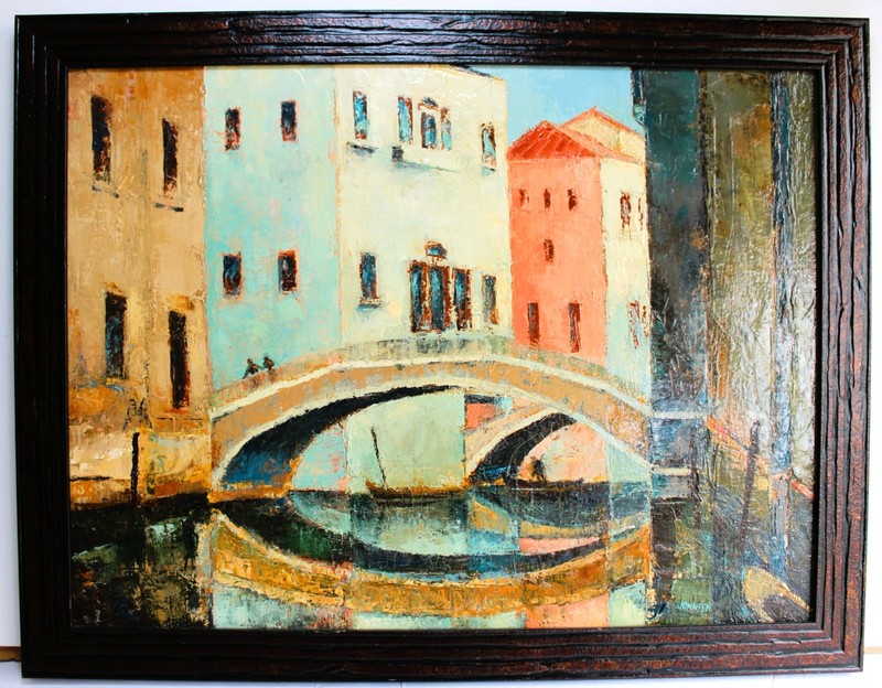 OIL PAINTING IMPASTO PALETTE ON CANVAS SIGNED JOHNSEN VENICE CANALS BRIDGE