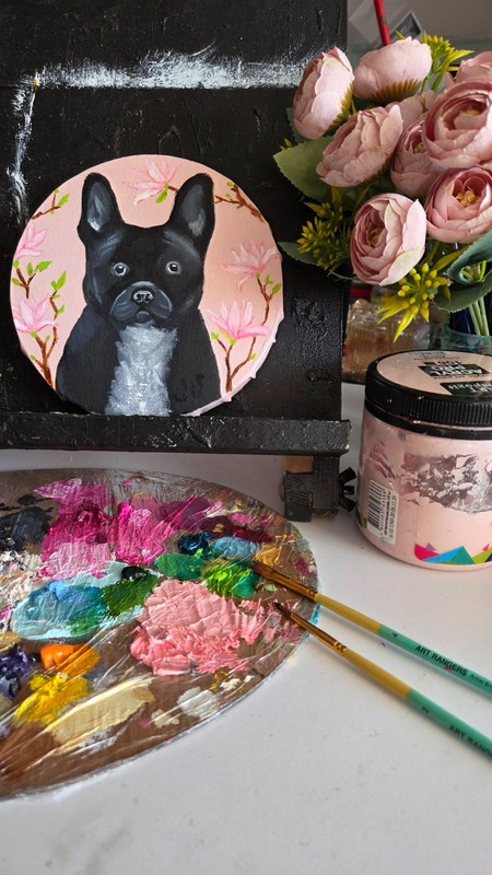 French Bulldog Painting Original 6in Round Canvas Cute Dog Portrait Art gallery