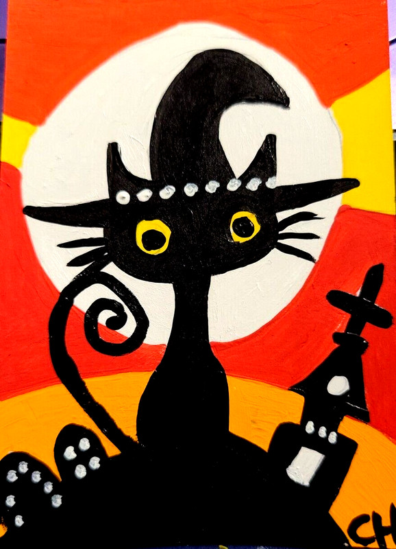ACEO ORIGINAL CAT «SPOOKYACULAR NIGHT» Acrylic BY CARMEN HYLTON