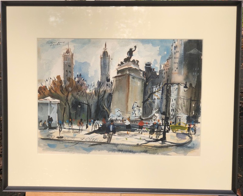 Central Park S., Statue, People 9 3/4 x 13 5/8 W/C Painting-1950s-James Carlin gallery