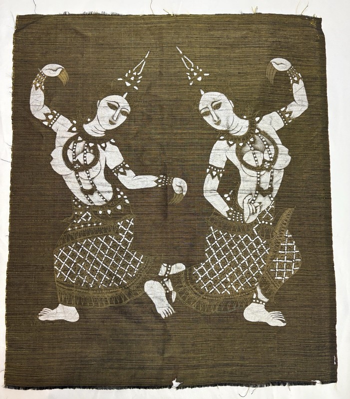VTG THAI FABRIC WORLD ART HAND Painted Tribal Decor God Goddess Nude Raw Edges