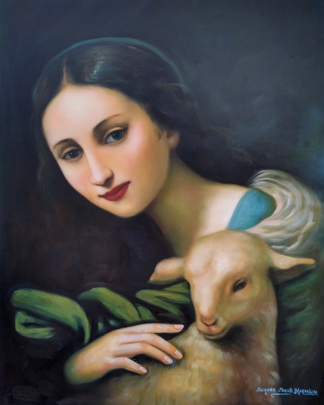 MASTERPIECE "Girl and Lamb" Sheep; HAND PAINTED PORTRAIT OIL ON CANVAS gallery