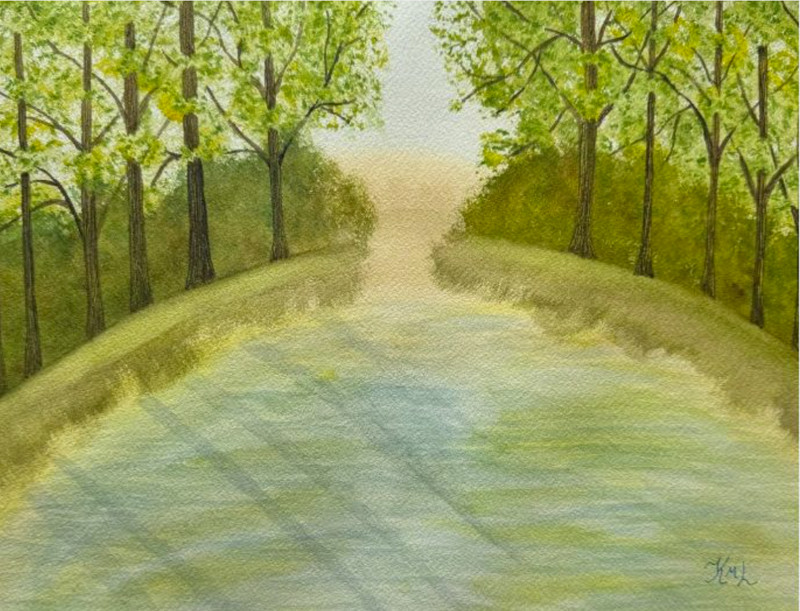 PAINTING WATERCOLOR 11X14 & DOUBLE WHITE MAT 16X20 POND TREES LANDSCAPE ORIGINAL