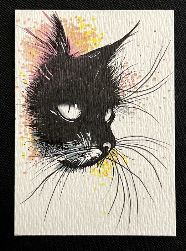 ACEO Original, Abstract Whimsy Cat Head, Mini Art Painting, by Annibbie