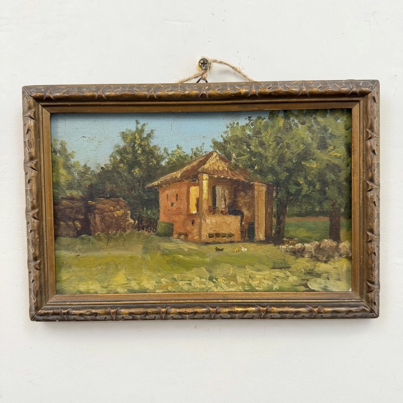 Detailed Landscape Oil Painting «Thatched Cottage» Classic Small Artwork