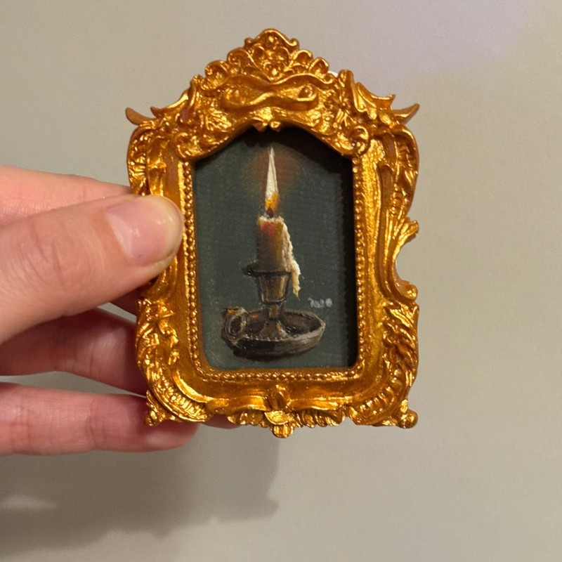 Tiny Gold Frame Painting of Lighted Candle Original Still Life Oil Signed Moody gallery
