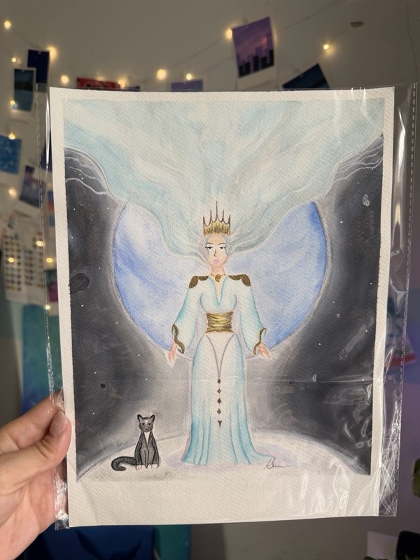 Original Watercolor Neptune Goddess Cat Painting Blue Fantasy Art 9×12