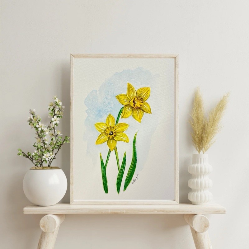 Original Watercolor Painting Of March Birth Month Flower, A Yellow Daffodilf