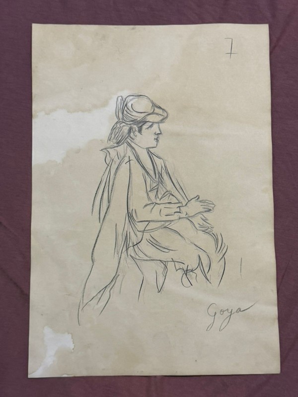 FRANCISCO DE GOYA drawing and painting on old paper signed stamped vintage