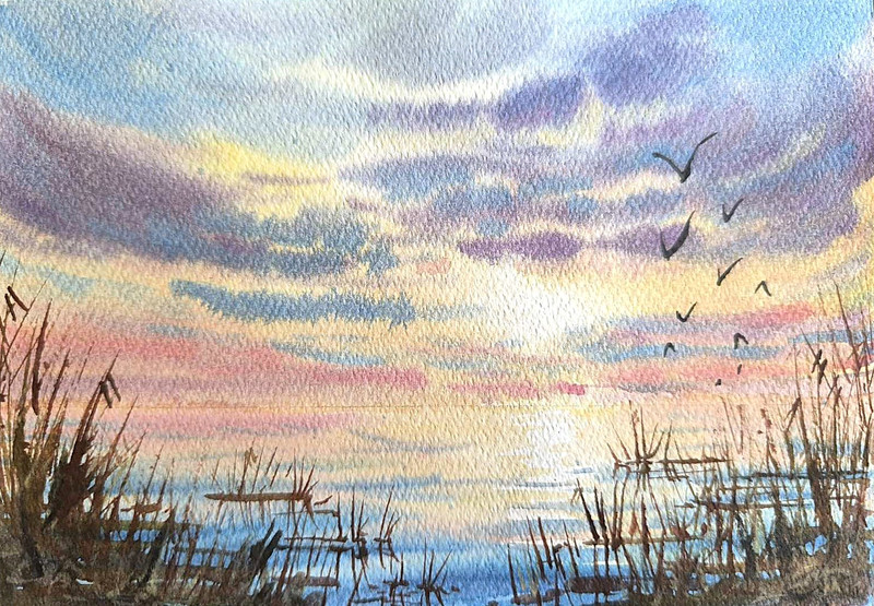 Original Art Modern Painting Landscape LONELY FISHERMAN IN BOAT Seascape Gift A5 gallery