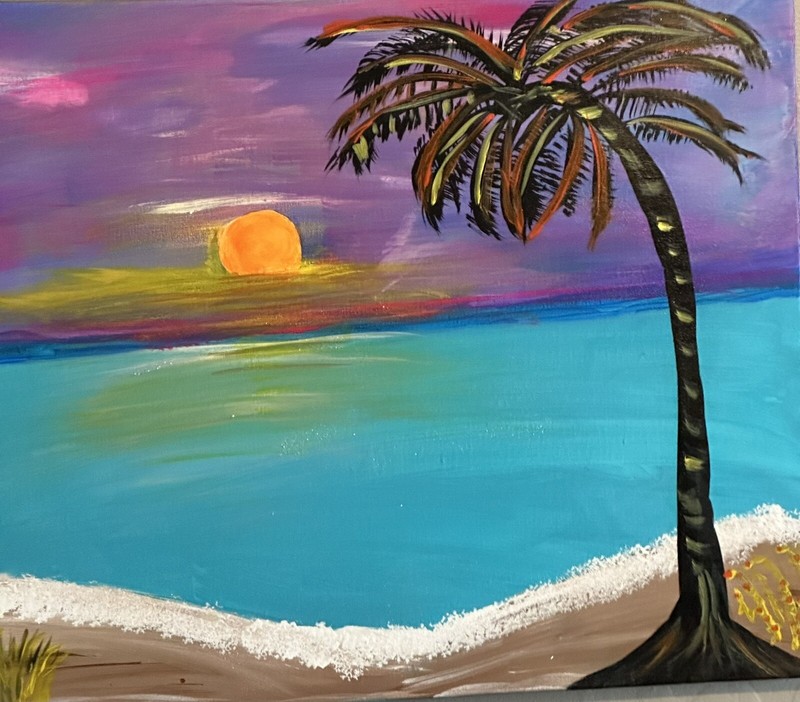 Caribbean Beach Seascape Sunset Acrylic Painting On Canvas Handmade Art – 30×24″