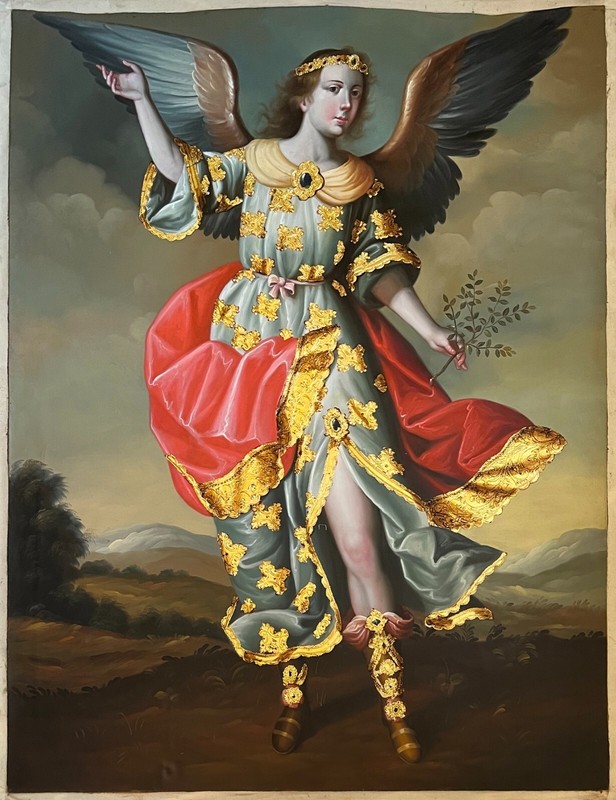Archangel Gabriel with olive – Painting on Canvas Cusco School of Art Original