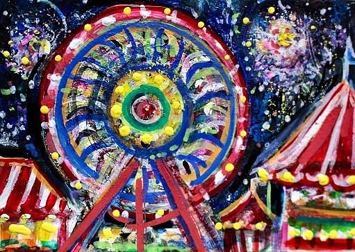 ORIGINAL ACEO Painting CARNIVAL Fair Amusement Park Fireworks Rides Fun ATC ART