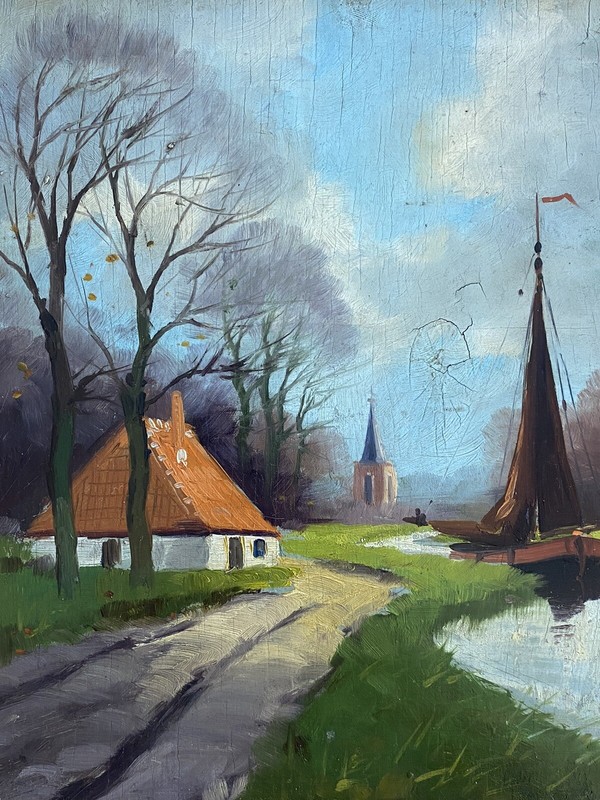 Antique Boat Polder Church Pathway Landscape Impressionism Folk Dutch Painting gallery