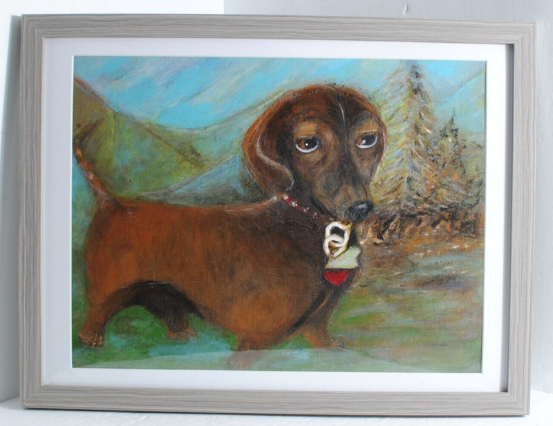 Original Acrylic on Canvas Board Dachshund Dog in the Woods Framed 11" by 14"