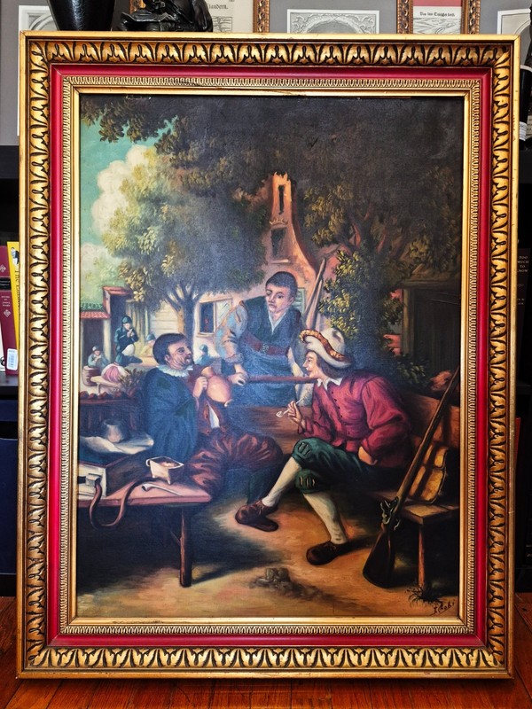 Large Vintage Oil Painting 17th C Genre Scene Tavern Drinking Ornate Gold Frame