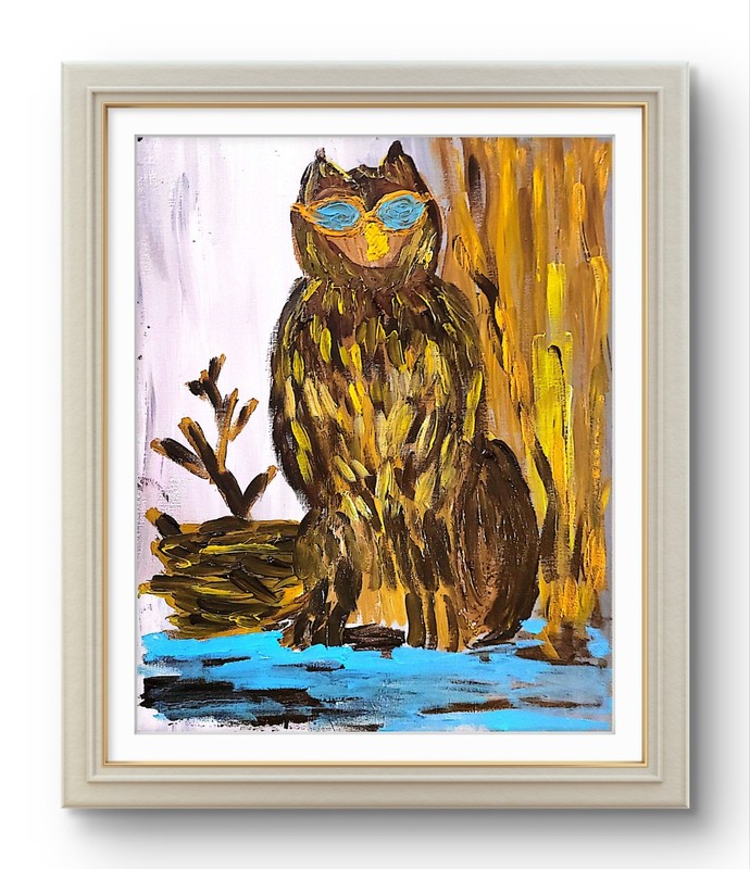 Horn Rimmed Owl Painting Whimsical Wise Owl with Glasses 11x14 Original Art gallery