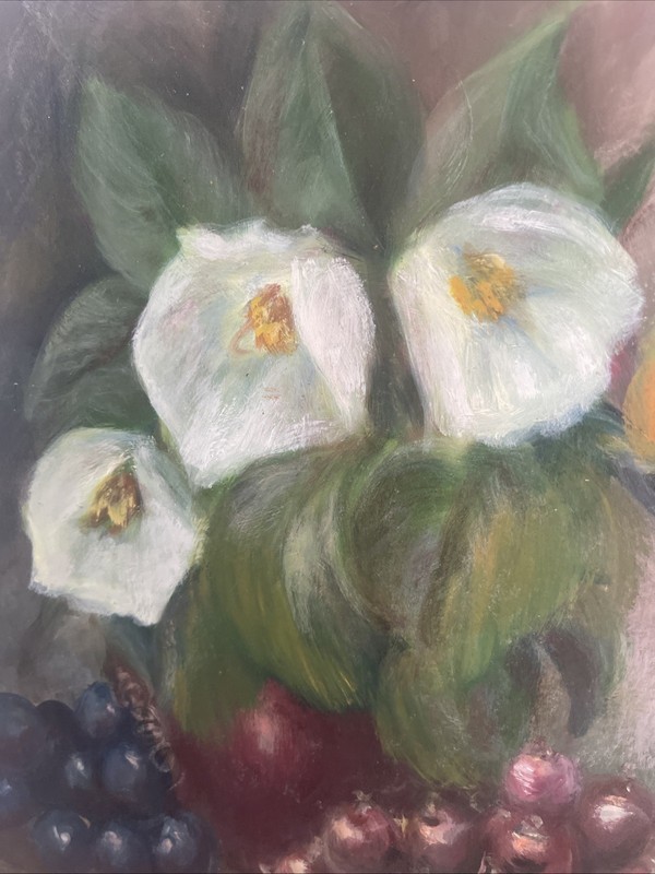 Still-Life Fruit Floral Painting Grapes Signed Original Oil MCM 14x11” Unframed gallery