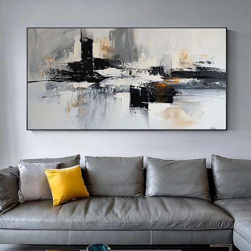 Black Gray Handpainted Orange Abstract Oil Painting On Canvas Wall Art Pictures