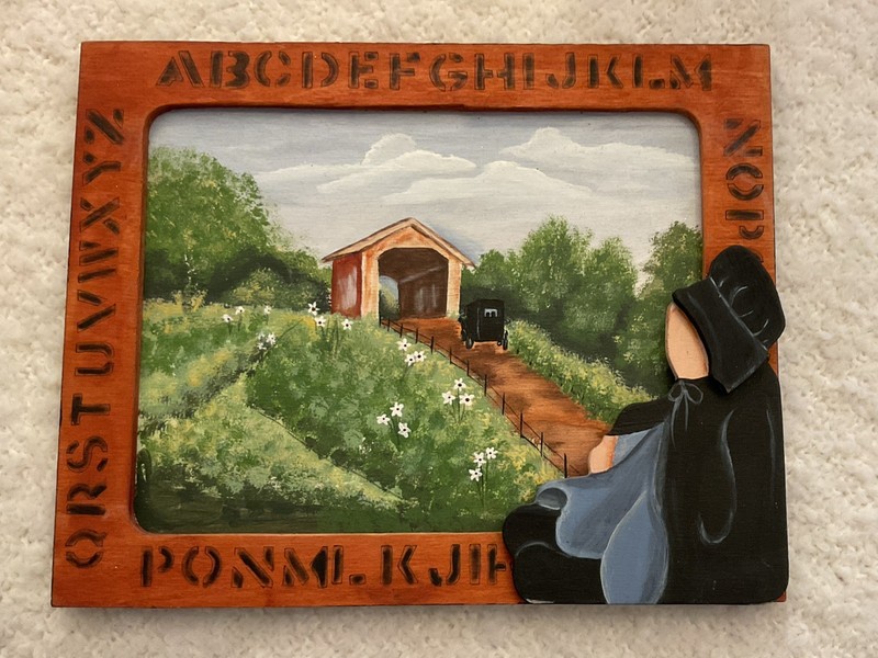 VTG Folk Art Hand Painted Oil Painting Wood Picture Amish Family Buggy Bridge