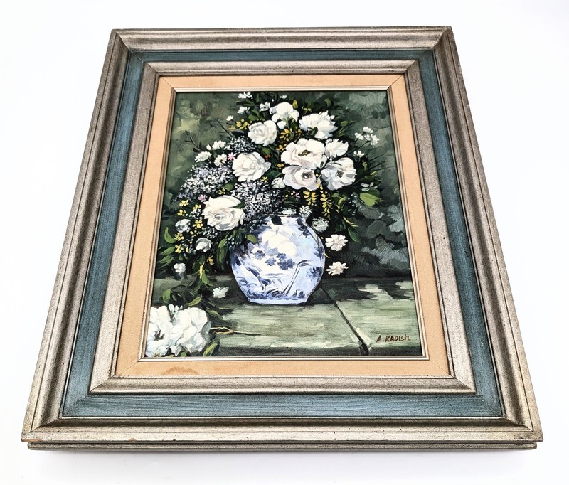 Vintage Painting Oil on Canvas White Roses in Vase Purple Yellow White Signed