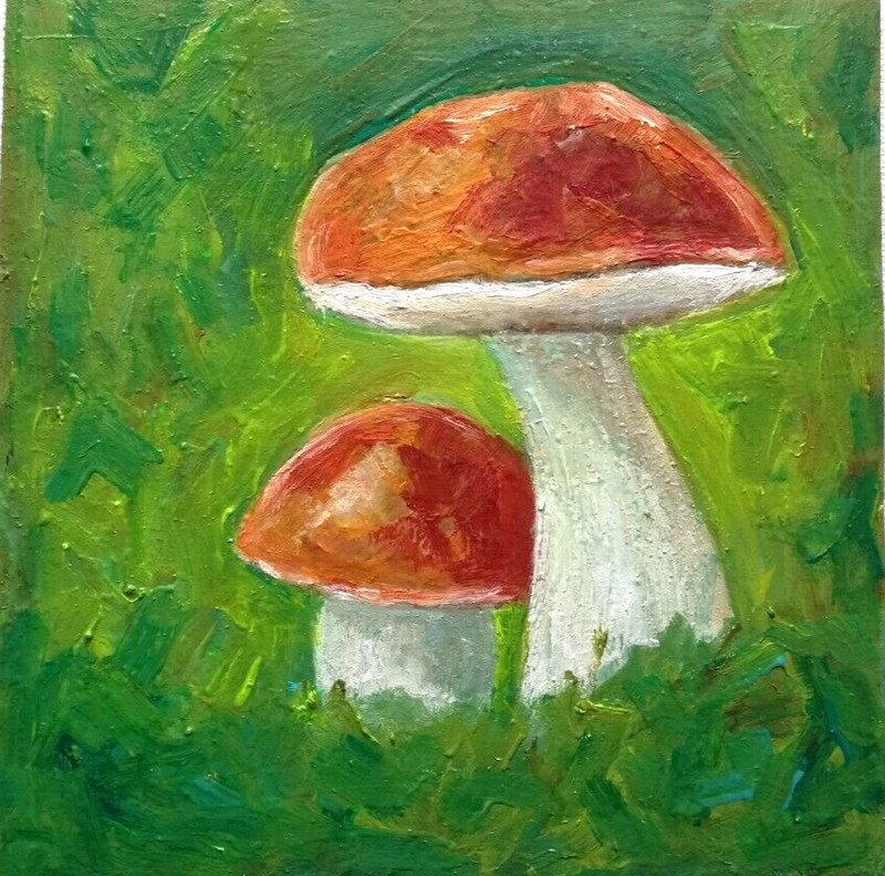 Mushroom In Forest Oil Painting. Original landscape painting, without frame, 15×15 cm
