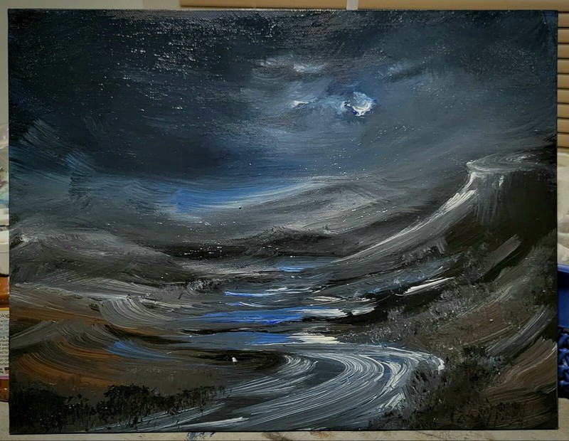 Original Nocturne Moonlight Reflection Night Fantasy Landscape Unique Painting