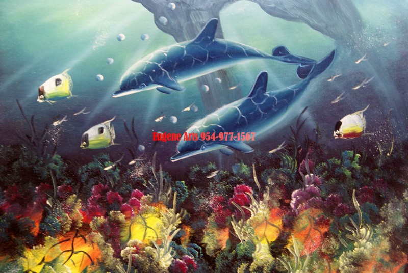 12×16″(31x41cm) 100% hand painted oil flat , Fish , Deep Ocean , Dolphin